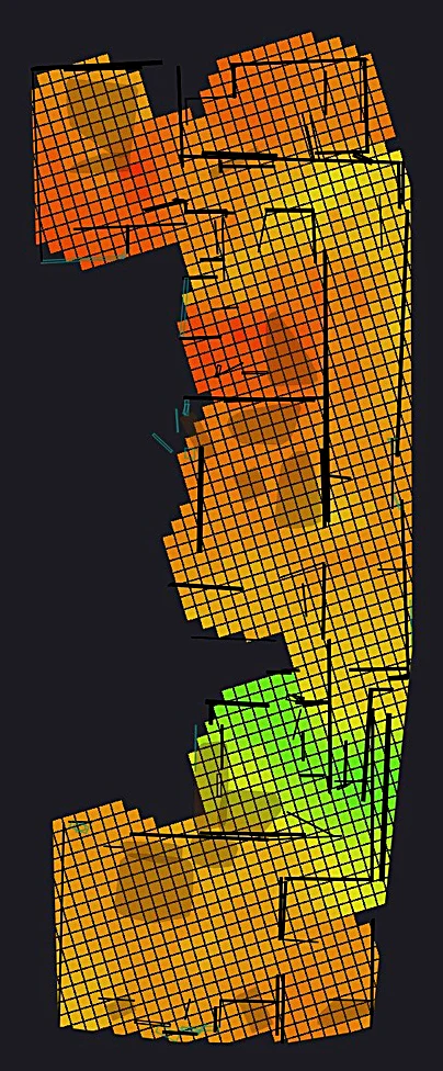Top floor Wi-Fi heatmap: strong green pocket bottom-centre fading to weak red zone in the top-left rooms